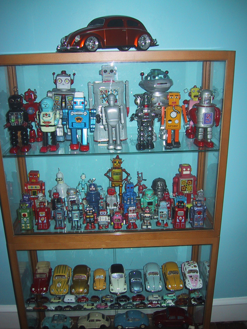 display case with robots and vw bugs